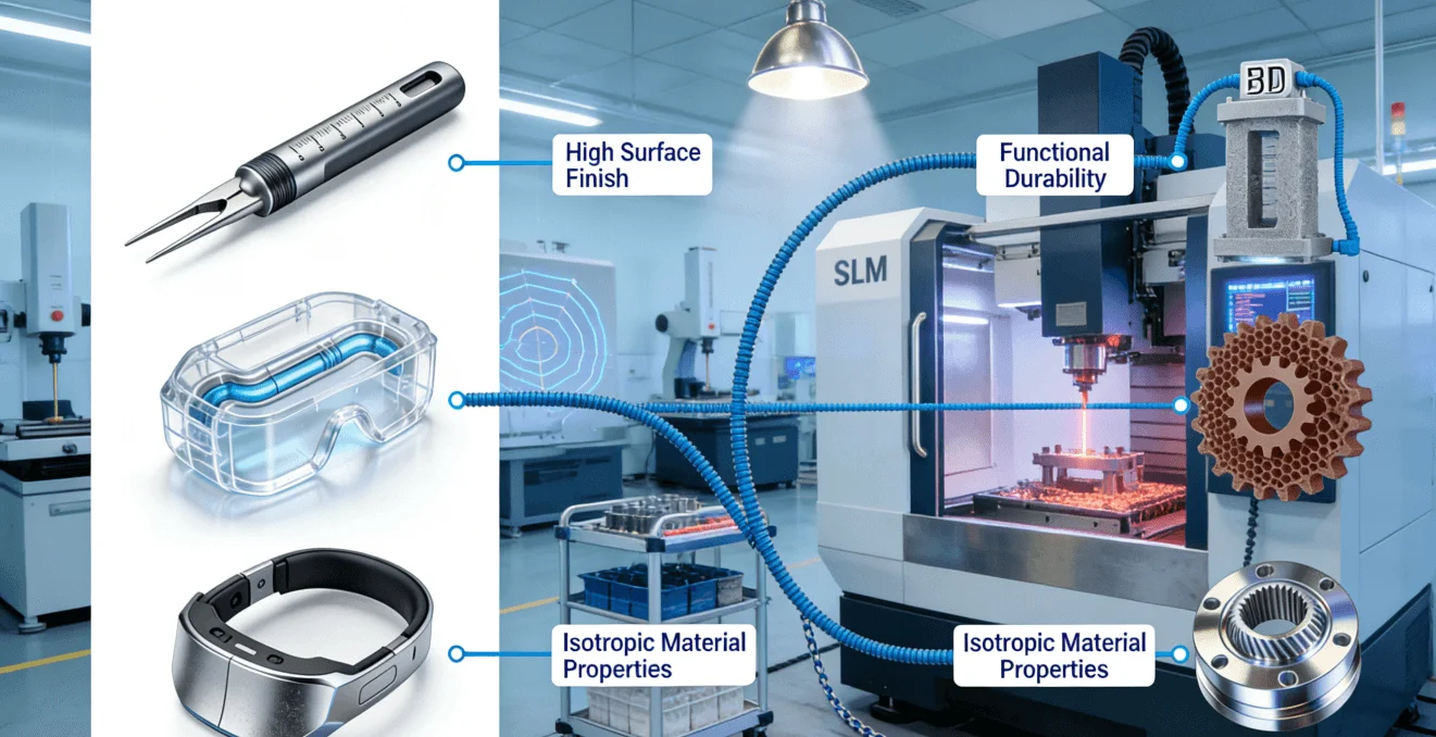 Flowchart mapping medical device components (surgical tool, wearable housing) to optimal rapid prototyping technologies (SLA, SLS, CNC) based on key selection criteria.