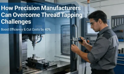 Engineer inspecting thread quality in precision manufacturing facility, showcasing thread tapping optimization process