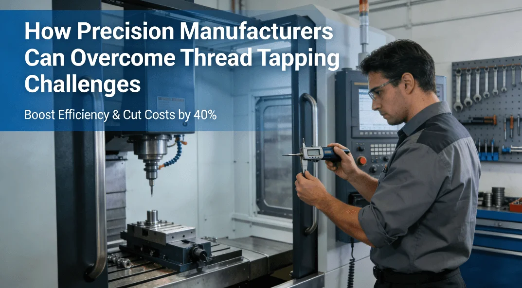 Engineer inspecting thread quality in precision manufacturing facility, showcasing thread tapping optimization process